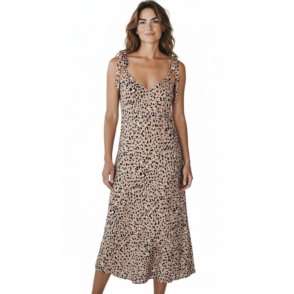 Audrey 3+1 Leopard Print Midi Slip Dress Tie Shoulder Tan Animal Print Women M